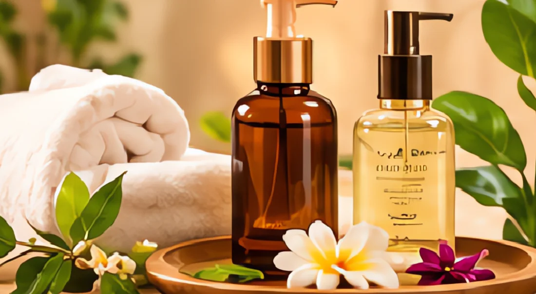 Những chai tinh dầu thực vật đặt cạnh khăn bông trắng
