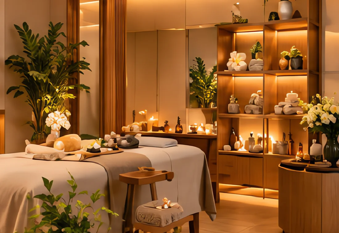 Phòng massage gỗ ấm với ánh nến và khăn bông gấp gọn